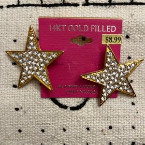 14kt Gold Filled Large Five Point Star Earrings With Rhinestones